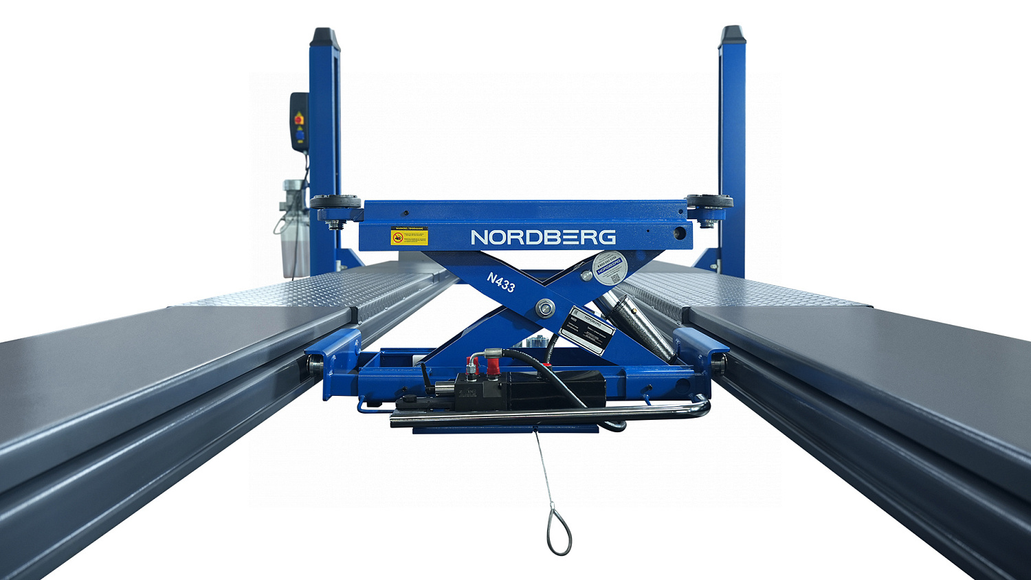 Подъемник 4-стоечный 5 т, c ручной траверсой 3 т N433, для сход-развала, электростопоры, 380 В, синий/серый 4450J_EG/EB(M)